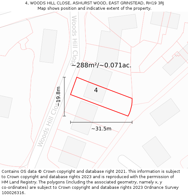 4, WOODS HILL CLOSE, ASHURST WOOD, EAST GRINSTEAD, RH19 3RJ: Plot and title map