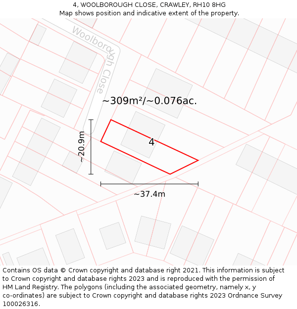 4, WOOLBOROUGH CLOSE, CRAWLEY, RH10 8HG: Plot and title map