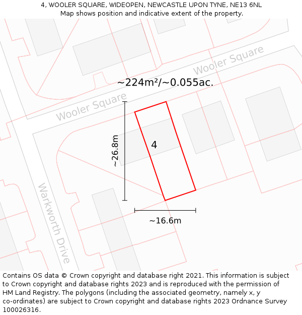 4, WOOLER SQUARE, WIDEOPEN, NEWCASTLE UPON TYNE, NE13 6NL: Plot and title map