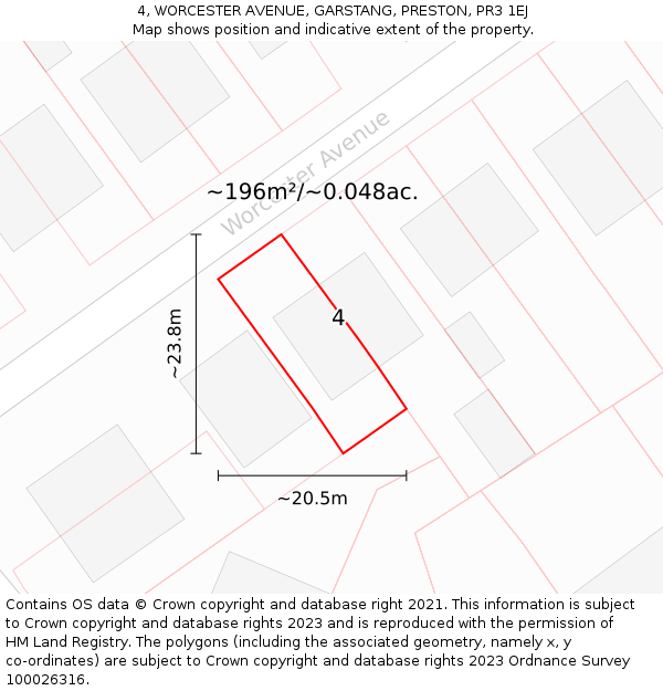4, WORCESTER AVENUE, GARSTANG, PRESTON, PR3 1EJ: Plot and title map