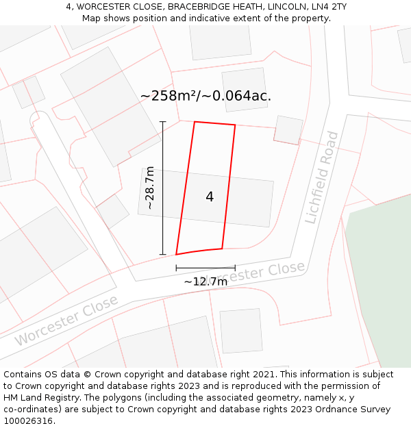 4, WORCESTER CLOSE, BRACEBRIDGE HEATH, LINCOLN, LN4 2TY: Plot and title map