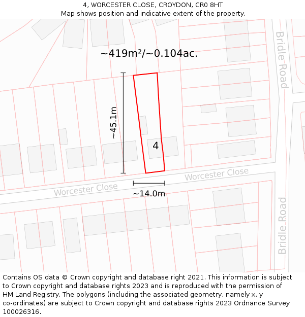 4, WORCESTER CLOSE, CROYDON, CR0 8HT: Plot and title map