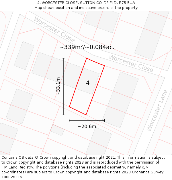 4, WORCESTER CLOSE, SUTTON COLDFIELD, B75 5UA: Plot and title map