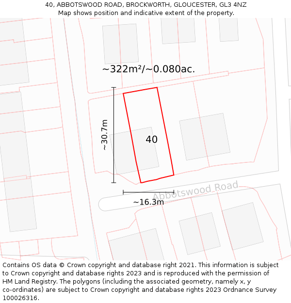 40, ABBOTSWOOD ROAD, BROCKWORTH, GLOUCESTER, GL3 4NZ: Plot and title map