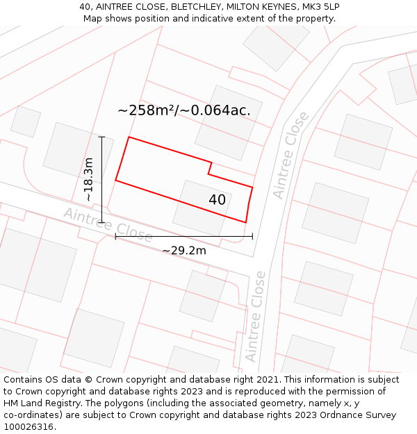 40, AINTREE CLOSE, BLETCHLEY, MILTON KEYNES, MK3 5LP: Plot and title map