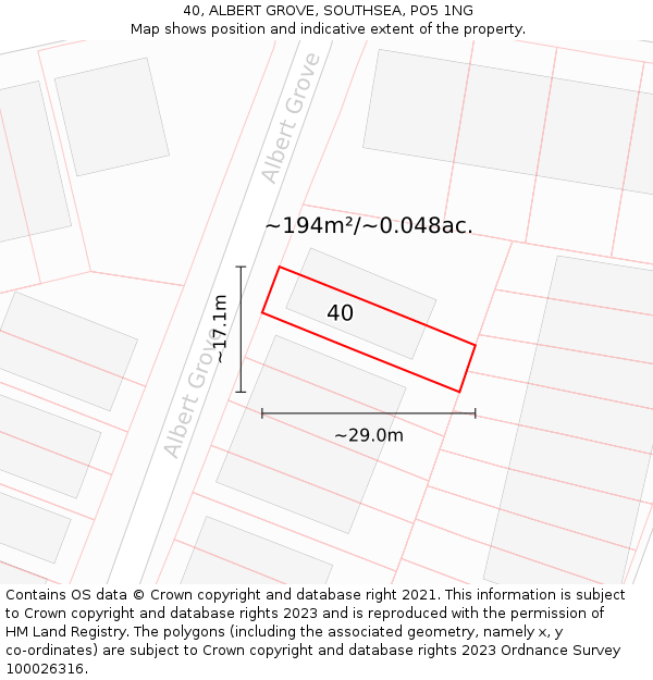 40, ALBERT GROVE, SOUTHSEA, PO5 1NG: Plot and title map