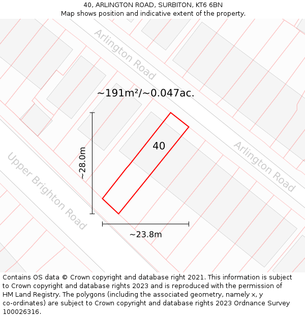 40, ARLINGTON ROAD, SURBITON, KT6 6BN: Plot and title map