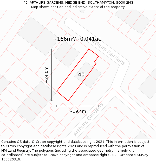40, ARTHURS GARDENS, HEDGE END, SOUTHAMPTON, SO30 2NG: Plot and title map