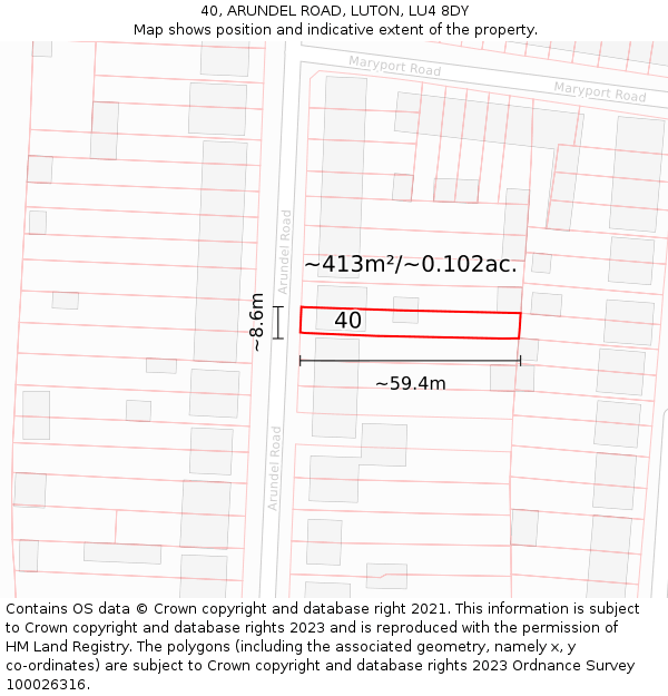 40, ARUNDEL ROAD, LUTON, LU4 8DY: Plot and title map