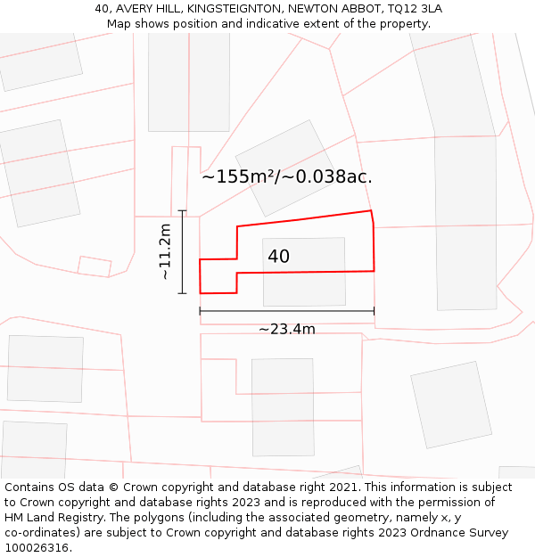 40, AVERY HILL, KINGSTEIGNTON, NEWTON ABBOT, TQ12 3LA: Plot and title map