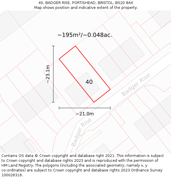 40, BADGER RISE, PORTISHEAD, BRISTOL, BS20 8AX: Plot and title map