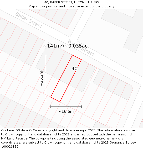 40, BAKER STREET, LUTON, LU1 3PX: Plot and title map