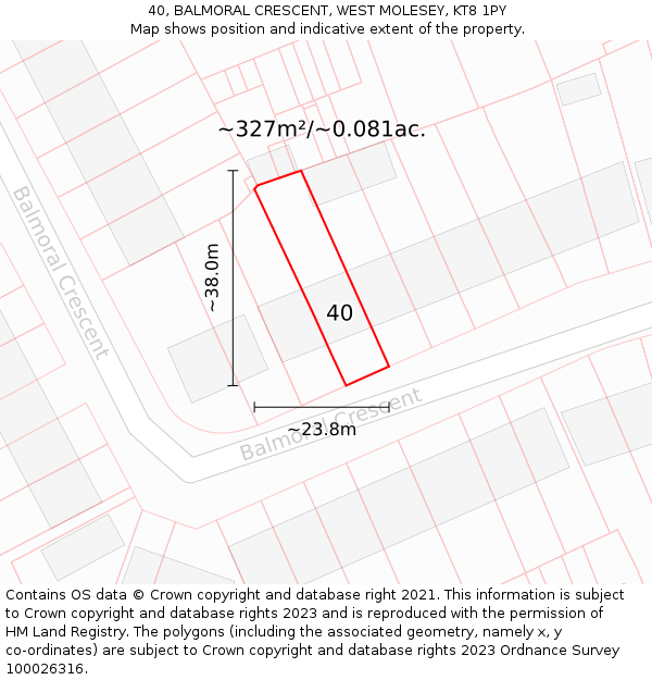 40, BALMORAL CRESCENT, WEST MOLESEY, KT8 1PY: Plot and title map