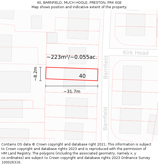 40, BARNFIELD, MUCH HOOLE, PRESTON, PR4 4GE: Plot and title map