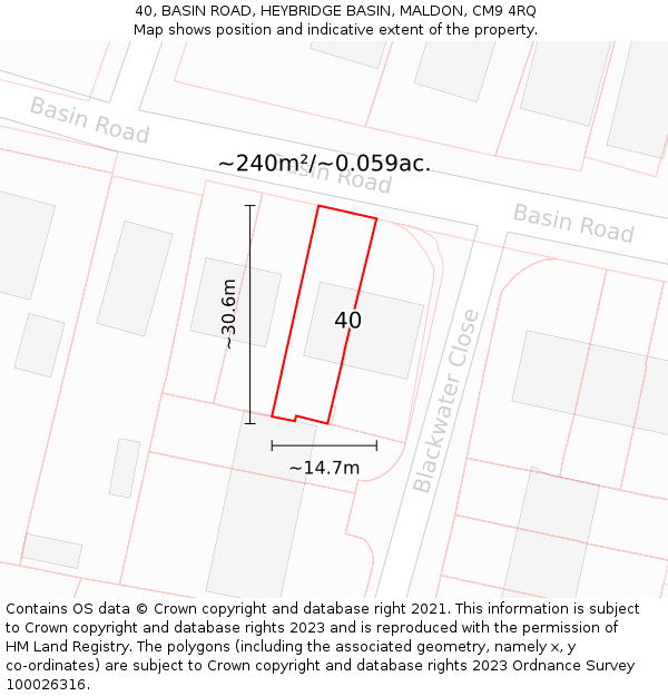 40, BASIN ROAD, HEYBRIDGE BASIN, MALDON, CM9 4RQ: Plot and title map