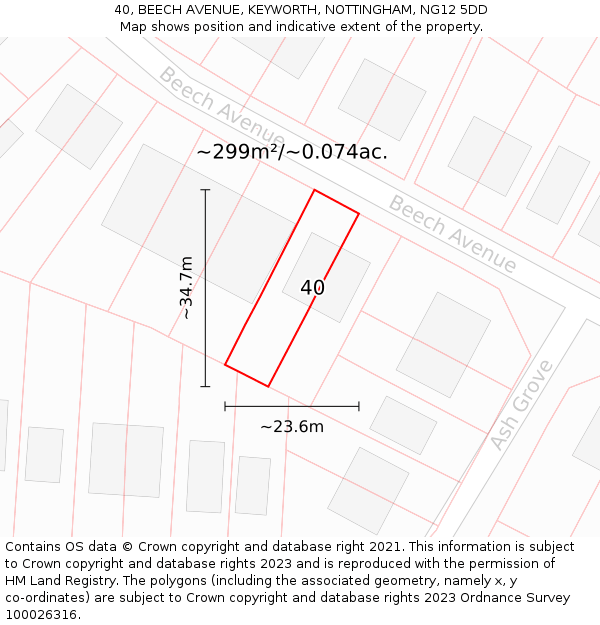 40, BEECH AVENUE, KEYWORTH, NOTTINGHAM, NG12 5DD: Plot and title map
