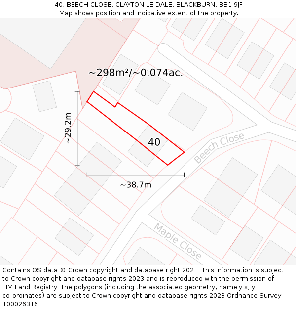 40, BEECH CLOSE, CLAYTON LE DALE, BLACKBURN, BB1 9JF: Plot and title map