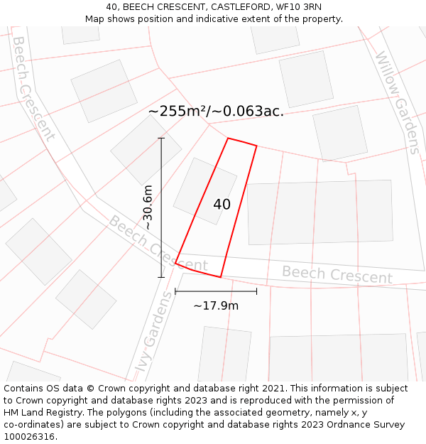 40, BEECH CRESCENT, CASTLEFORD, WF10 3RN: Plot and title map