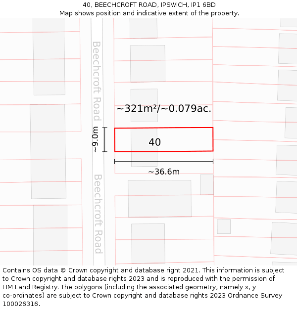 40, BEECHCROFT ROAD, IPSWICH, IP1 6BD: Plot and title map