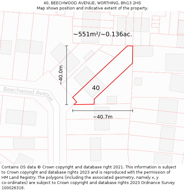 40, BEECHWOOD AVENUE, WORTHING, BN13 2HS: Plot and title map