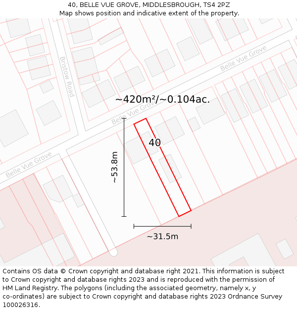 40, BELLE VUE GROVE, MIDDLESBROUGH, TS4 2PZ: Plot and title map