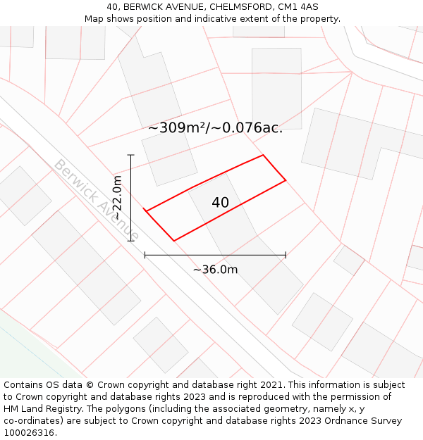 40, BERWICK AVENUE, CHELMSFORD, CM1 4AS: Plot and title map