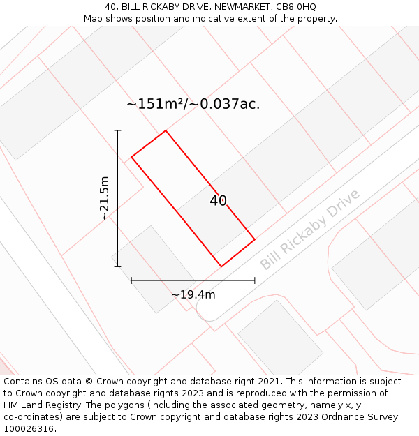 40, BILL RICKABY DRIVE, NEWMARKET, CB8 0HQ: Plot and title map