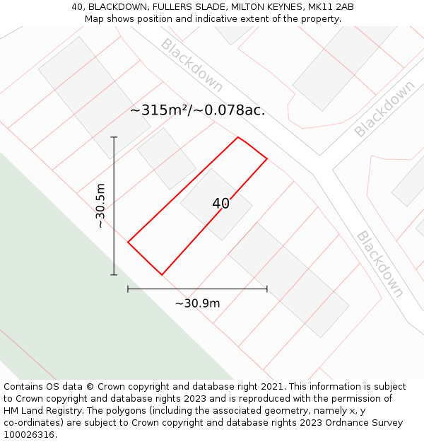 40, BLACKDOWN, FULLERS SLADE, MILTON KEYNES, MK11 2AB: Plot and title map