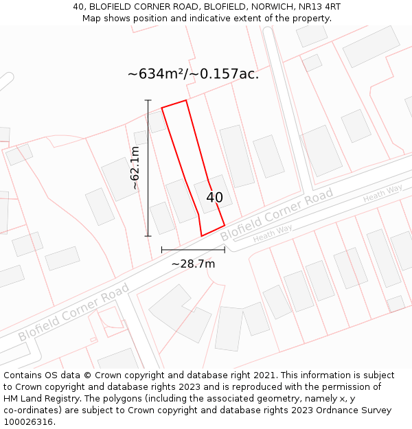 40, BLOFIELD CORNER ROAD, BLOFIELD, NORWICH, NR13 4RT: Plot and title map