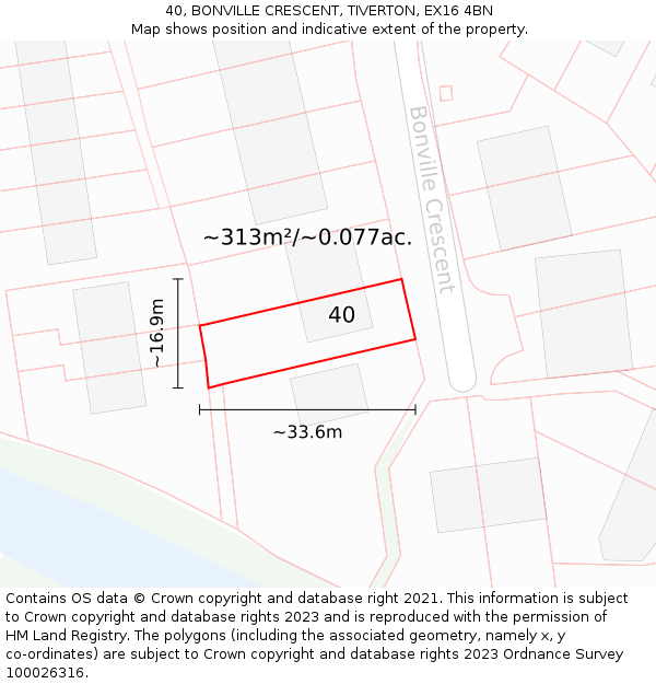 40, BONVILLE CRESCENT, TIVERTON, EX16 4BN: Plot and title map