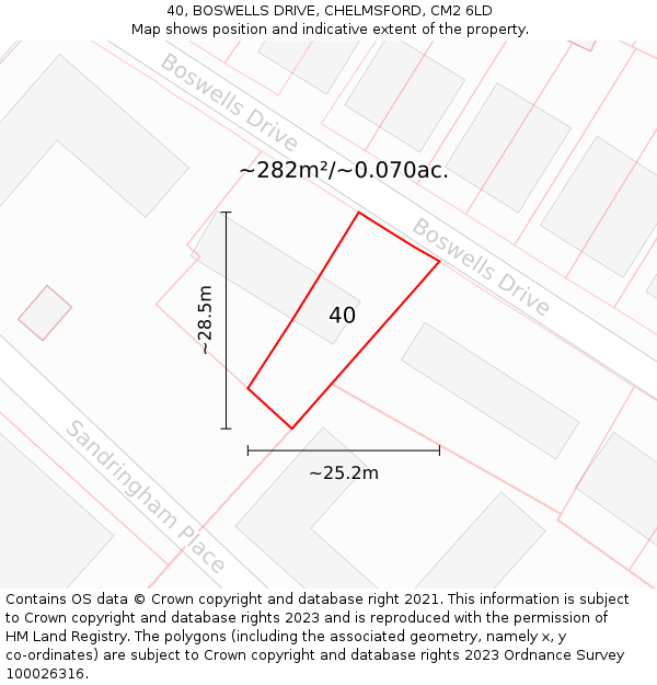 40, BOSWELLS DRIVE, CHELMSFORD, CM2 6LD: Plot and title map