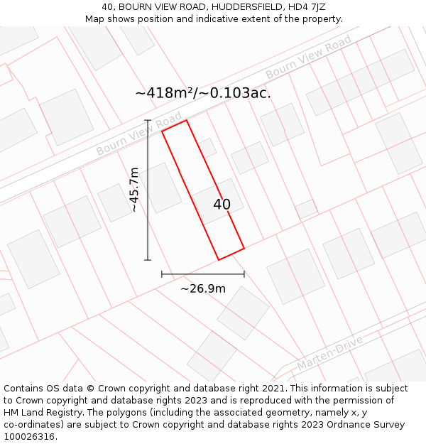 40, BOURN VIEW ROAD, HUDDERSFIELD, HD4 7JZ: Plot and title map