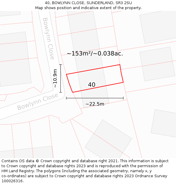 40, BOWLYNN CLOSE, SUNDERLAND, SR3 2SU: Plot and title map
