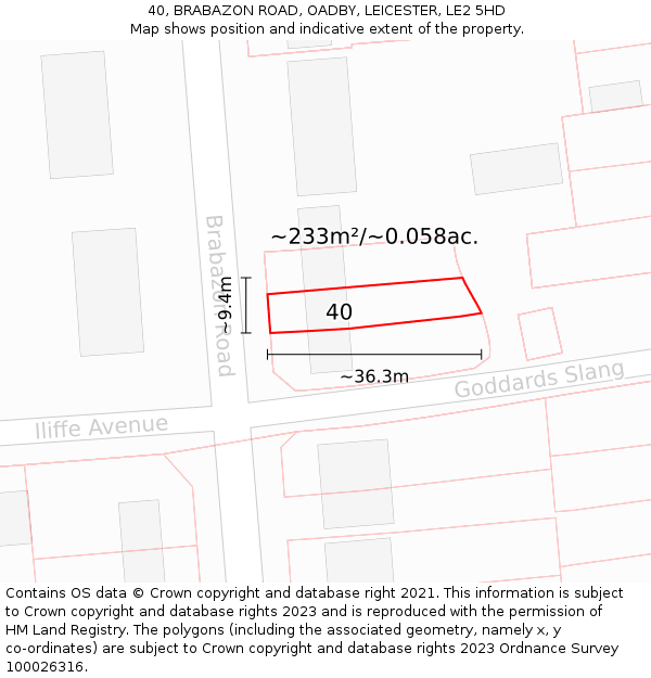 40, BRABAZON ROAD, OADBY, LEICESTER, LE2 5HD: Plot and title map