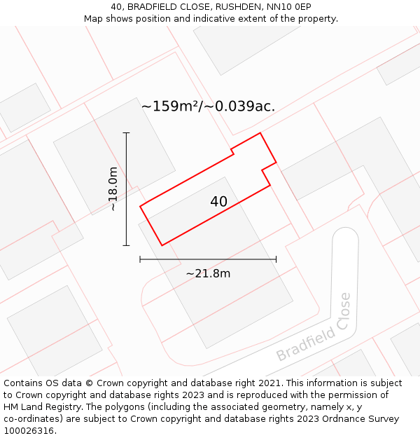 40, BRADFIELD CLOSE, RUSHDEN, NN10 0EP: Plot and title map