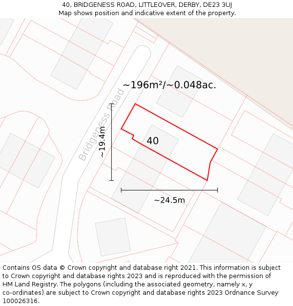 40, BRIDGENESS ROAD, LITTLEOVER, DERBY, DE23 3UJ: Plot and title map