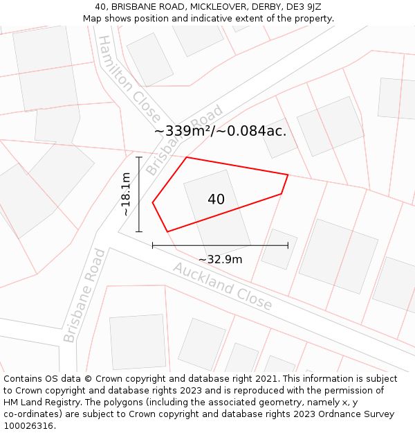 40, BRISBANE ROAD, MICKLEOVER, DERBY, DE3 9JZ: Plot and title map
