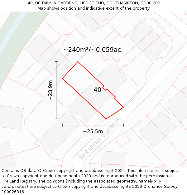 40, BRITANNIA GARDENS, HEDGE END, SOUTHAMPTON, SO30 2RP: Plot and title map