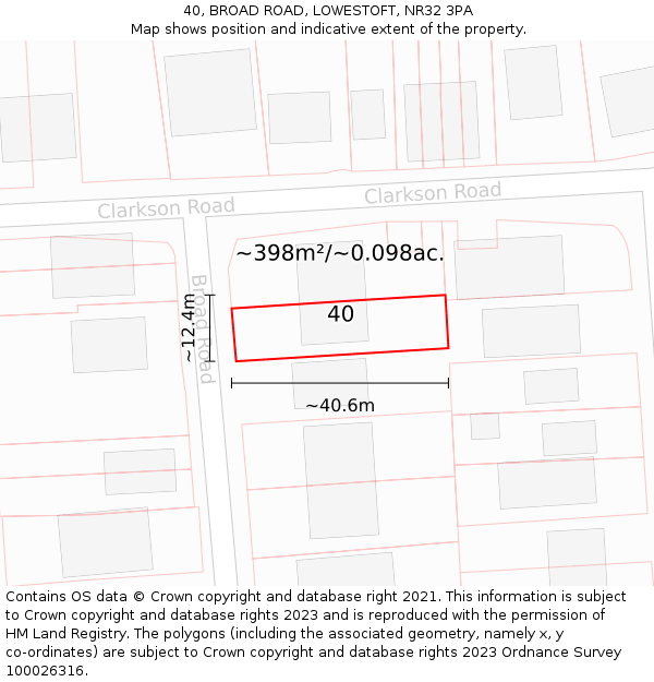 40, BROAD ROAD, LOWESTOFT, NR32 3PA: Plot and title map