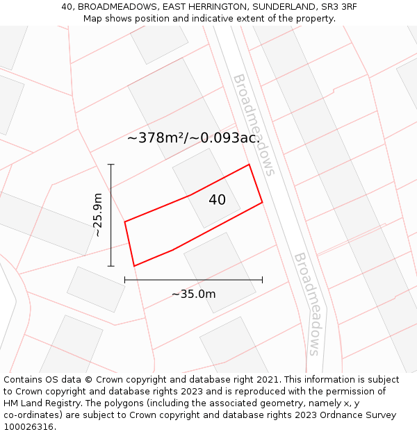 40, BROADMEADOWS, EAST HERRINGTON, SUNDERLAND, SR3 3RF: Plot and title map