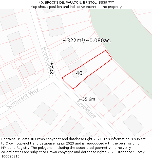 40, BROOKSIDE, PAULTON, BRISTOL, BS39 7YT: Plot and title map