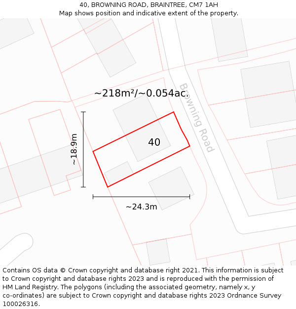 40, BROWNING ROAD, BRAINTREE, CM7 1AH: Plot and title map