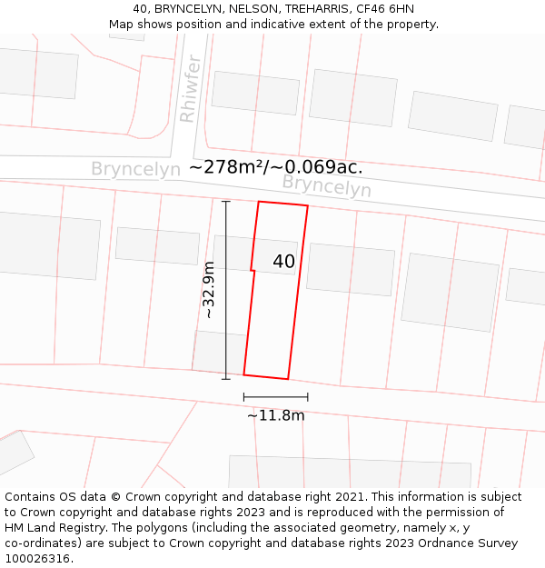 40, BRYNCELYN, NELSON, TREHARRIS, CF46 6HN: Plot and title map