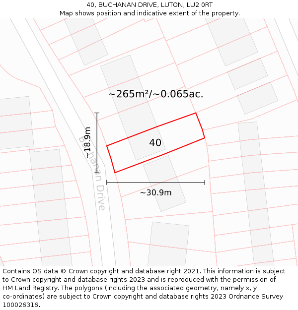 40, BUCHANAN DRIVE, LUTON, LU2 0RT: Plot and title map