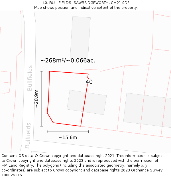 40, BULLFIELDS, SAWBRIDGEWORTH, CM21 9DF: Plot and title map