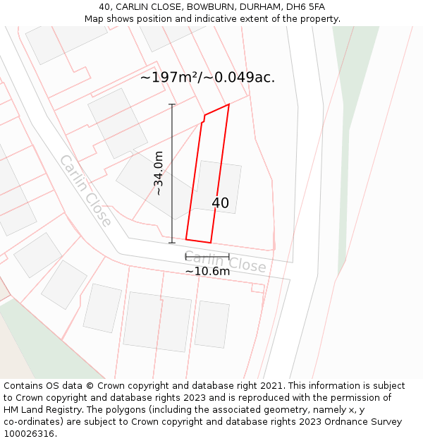 40, CARLIN CLOSE, BOWBURN, DURHAM, DH6 5FA: Plot and title map