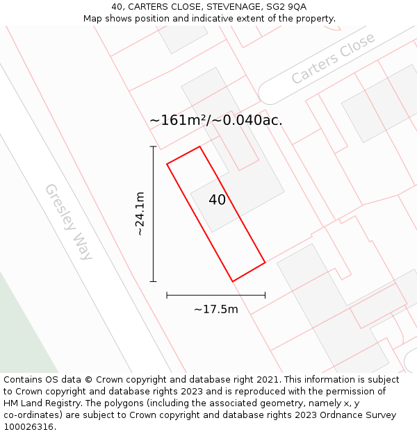 40, CARTERS CLOSE, STEVENAGE, SG2 9QA: Plot and title map