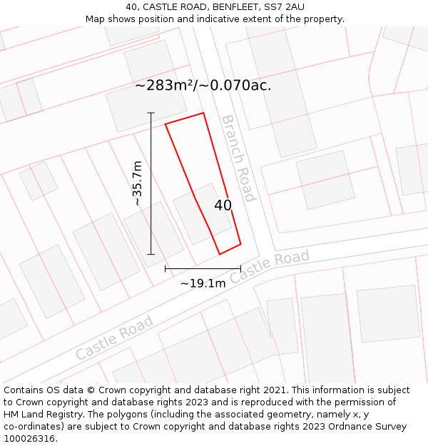 40, CASTLE ROAD, BENFLEET, SS7 2AU: Plot and title map