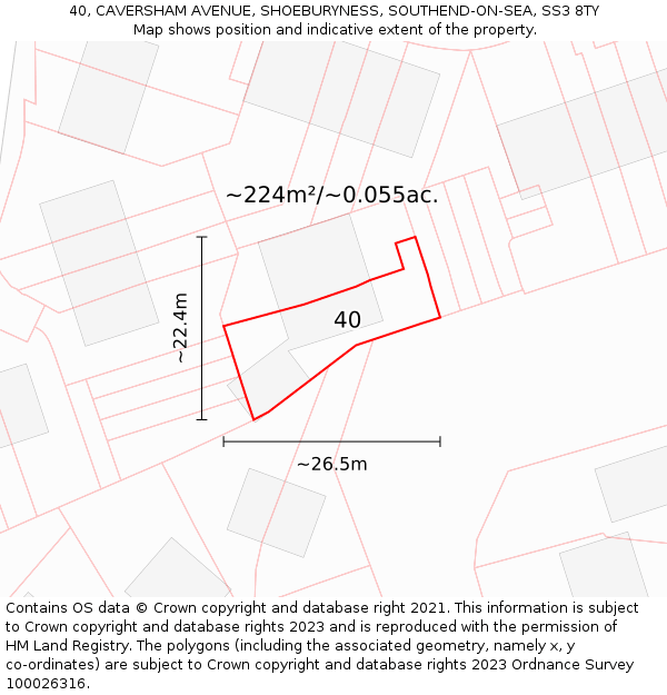 40, CAVERSHAM AVENUE, SHOEBURYNESS, SOUTHEND-ON-SEA, SS3 8TY: Plot and title map
