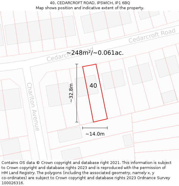 40, CEDARCROFT ROAD, IPSWICH, IP1 6BQ: Plot and title map